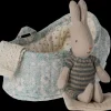 Fashion Maileg Rabbit in carry cot, Micro - Blue/Sand